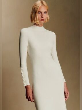 Sezane Hillary Dress - White Ribbed Long-Sleeve Midi Dress